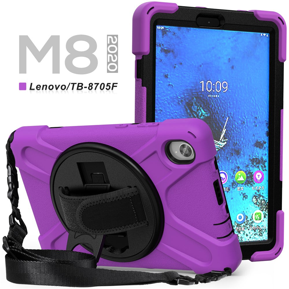 PC and Silicone Tablet Case + Shoulder Strap + Hand Band + 360° Swivel Kickstand for Lenovo Tab M8 2020 - Purple