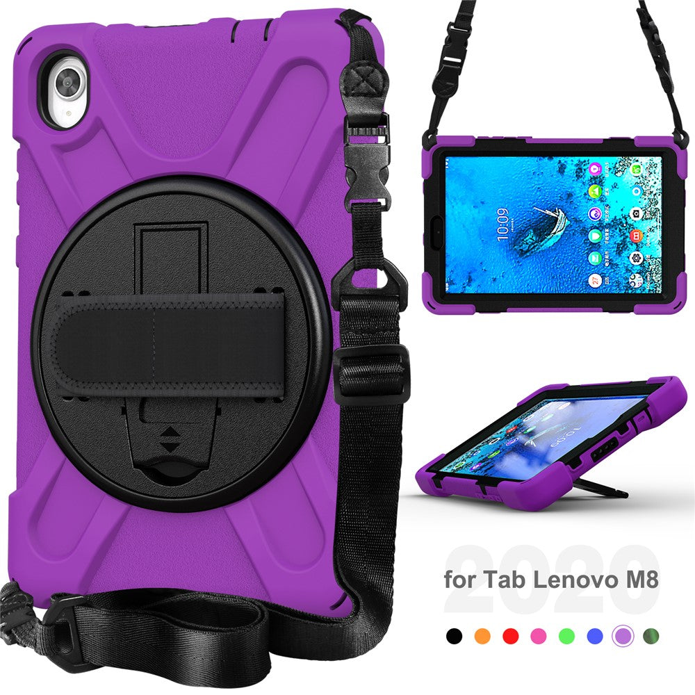 PC and Silicone Tablet Case + Shoulder Strap + Hand Band + 360° Swivel Kickstand for Lenovo Tab M8 2020 - Purple