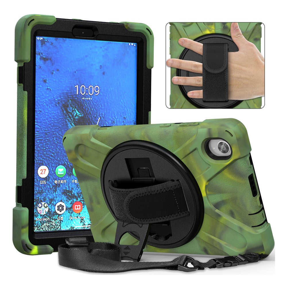 PC and Silicone Tablet Case + Shoulder Strap + Hand Band + 360° Swivel Kickstand for Lenovo Tab M8 2020 - Army Green