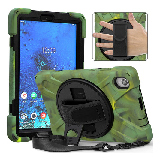 PC and Silicone Tablet Case + Shoulder Strap + Hand Band + 360° Swivel Kickstand for Lenovo Tab M8 2020 - Army Green