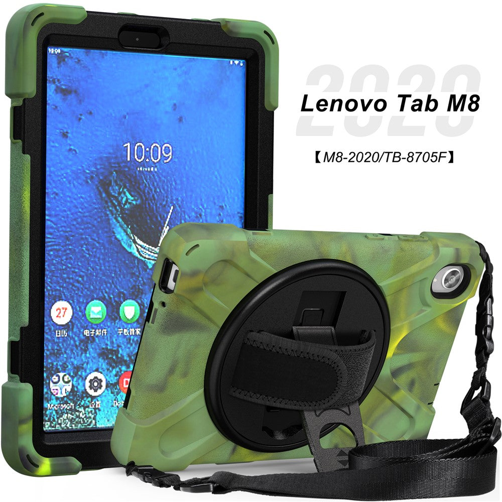 PC and Silicone Tablet Case + Shoulder Strap + Hand Band + 360° Swivel Kickstand for Lenovo Tab M8 2020 - Army Green