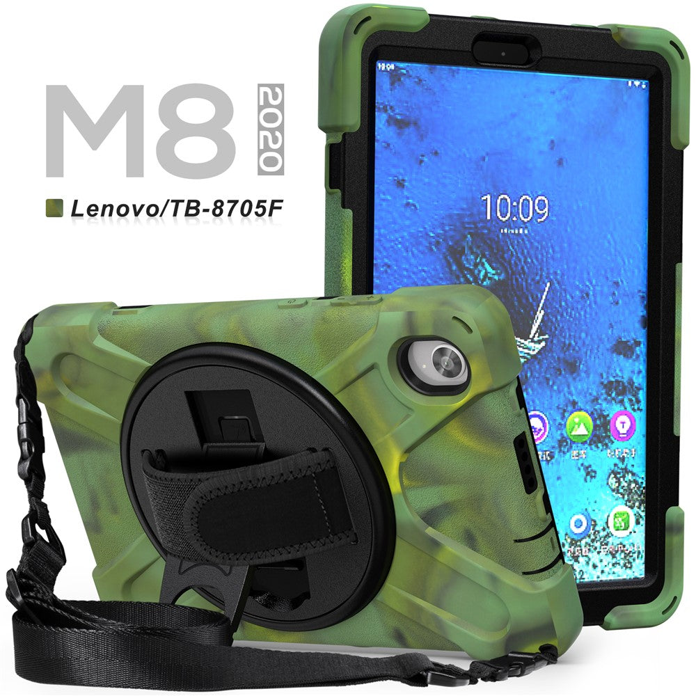 PC and Silicone Tablet Case + Shoulder Strap + Hand Band + 360° Swivel Kickstand for Lenovo Tab M8 2020 - Army Green