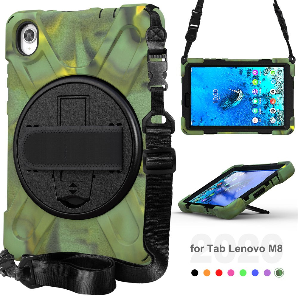 PC and Silicone Tablet Case + Shoulder Strap + Hand Band + 360° Swivel Kickstand for Lenovo Tab M8 2020 - Army Green