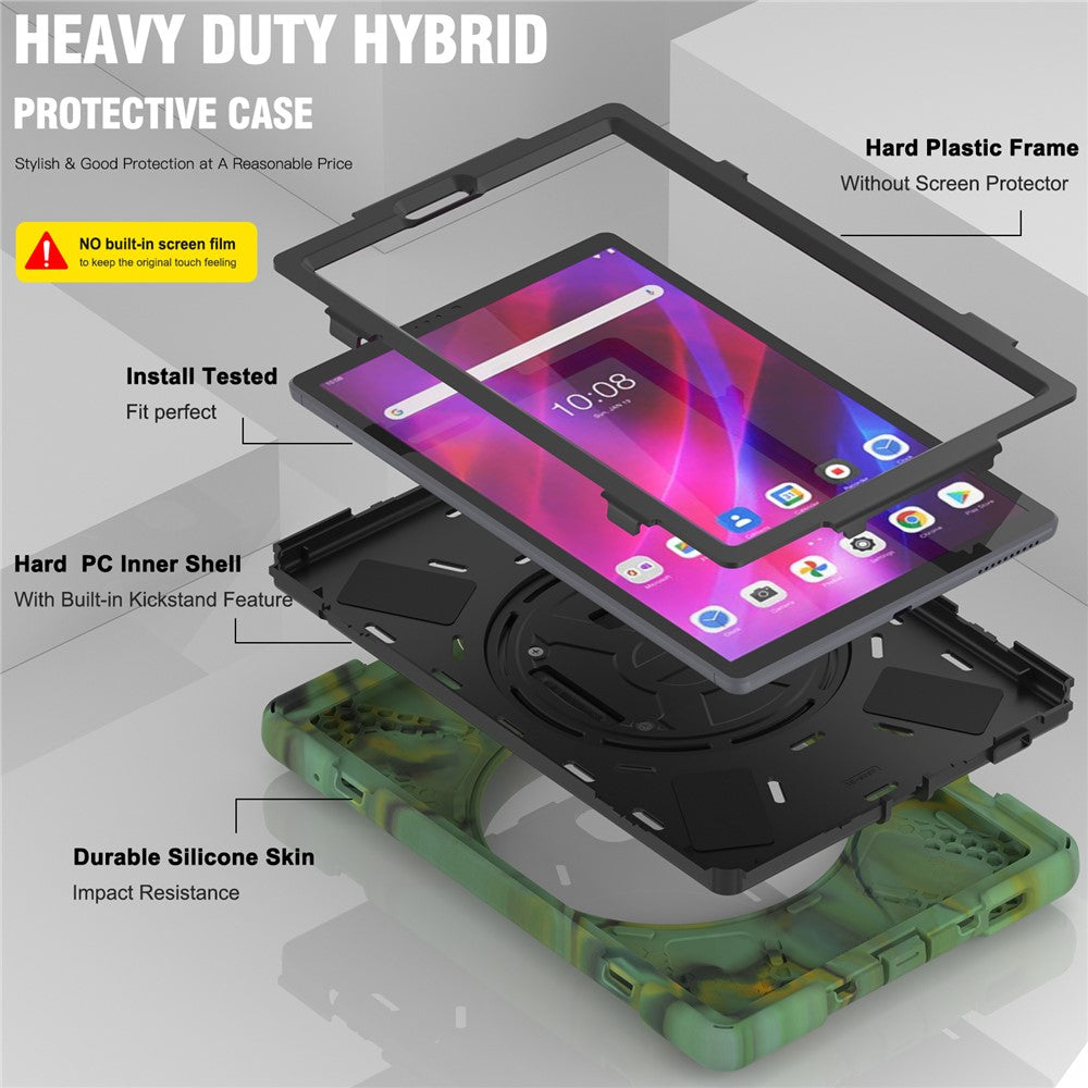 PC + Silicone Case with Kickstand Shoulder Strap for Lenovo Tab M10 Plus (2020) / K10 (2021) TB-X606F / 606X / X6C6F / X6C6X / X6C6NBF - Camouflage