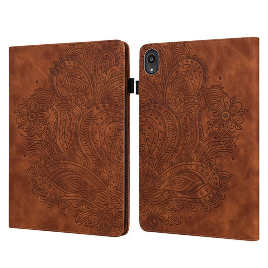 Imprinted Flower Pattern Leather Wallet Stand Tablet Protective Case for Lenovo Tab M10 Plus - Brown