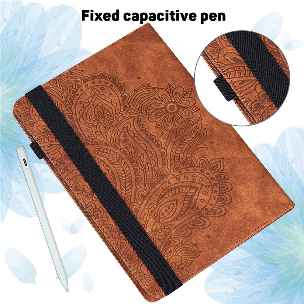 For Lenovo M10 Plus / Smart Tab M10 FHD Plus X606F Imprinted Flower Pattern Leather Wallet Stand Tablet Protective Shell - Brown