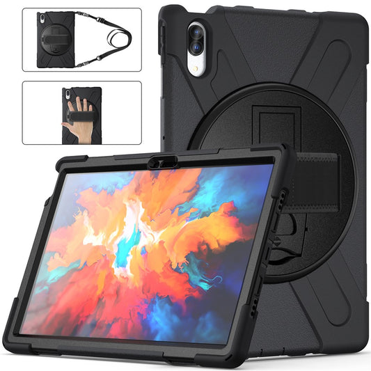 360 Degree Swivel Kickstand Design PC + Silicone Hybrid Protective Tablet Case + Shoulder Strap for Lenovo Tab P11 Pro TB-J706F - Black