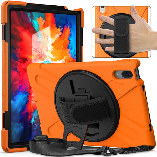 360 Degree Swivel Kickstand Design PC + Silicone Hybrid Protective Tablet Case + Shoulder Strap for Lenovo Tab P11 Pro TB-J706F - Orange