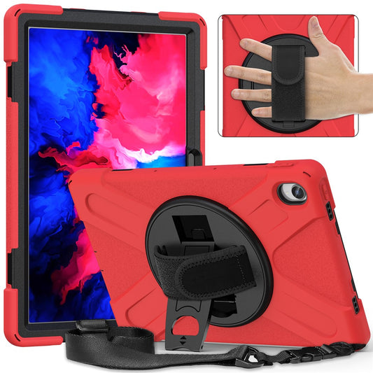 360 Degree Swivel Kickstand Design PC + Silicone Hybrid Tablet Case with Shoulder Strap for Lenovo Tab P11 TB-J606F / Tab P11 5G / Tab P11 5G - Red