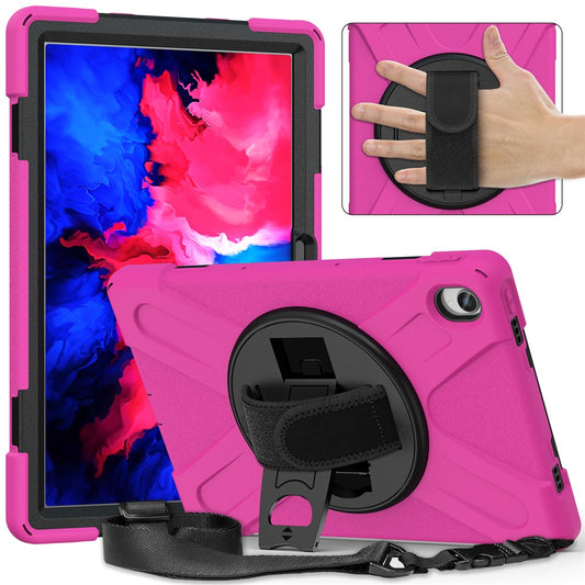 360 Degree Swivel Kickstand Design PC + Silicone Hybrid Tablet Case with Shoulder Strap for Lenovo Tab P11 TB-J606F / Tab P11 5G / Tab P11 5G - Rose