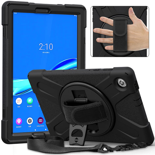 360 Degree Swivel Kickstand Design PC + Silicone Hybrid Tablet Case with Shoulder Strap forLenovo Tab M10 HD X306X - Black