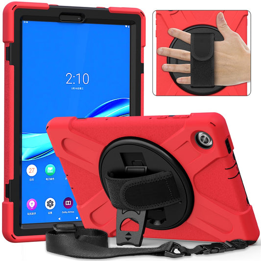 360 Degree Swivel Kickstand Design PC + Silicone Hybrid Tablet Case with Shoulder Strap for Lenovo Tab M10 HD X306X - Red