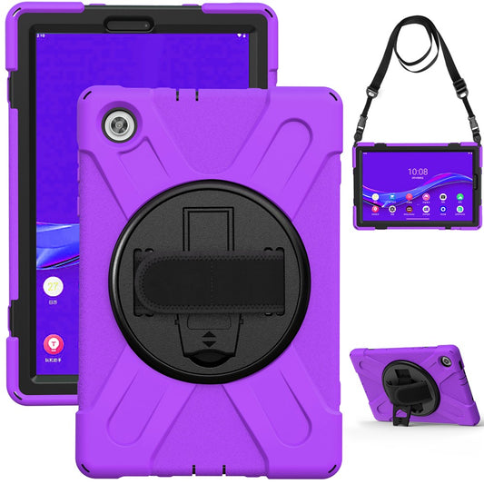 360 Degree Swivel Kickstand Design PC + Silicone Hybrid Tablet Case with Shoulder Strap for Lenovo Tab M10 HD X306X - Purple
