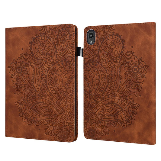 Imprinted Peafowl Flower Pattern Design Leather Tablet Wallet Stand Protective Shell for Lenovo Tab P11 TB-J606F / Tab P11 5G - Brown