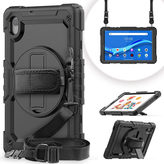 PC + Silicone + PET Front Film Tablet Combo Shell with Kickstand and Shoulder Strap for Lenovo Tab M10 HD Gen 2 TB-306X(F) - Black/Black
