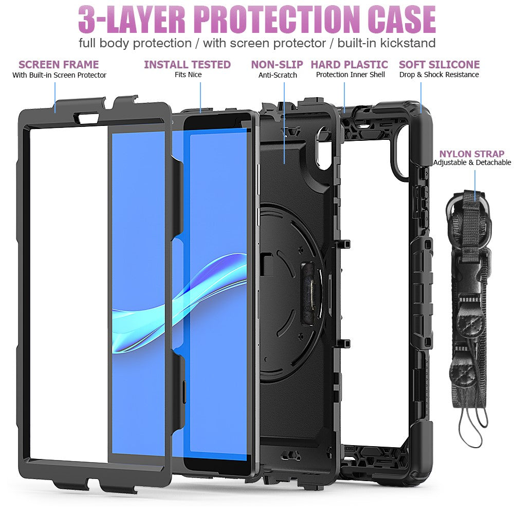 PC + Silicone + PET Front Film Tablet Combo Shell with Kickstand and Shoulder Strap for Lenovo Tab M10 HD Gen 2 TB-306X(F) - Black/Black