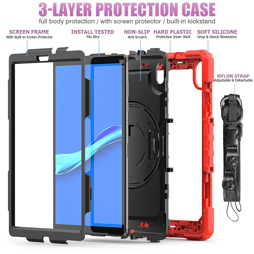 PC + Silicone + PET Front Film Tablet Combo Shell with Kickstand and Shoulder Strap for Lenovo Tab M10 HD Gen 2 TB-306X(F) - Black/Red
