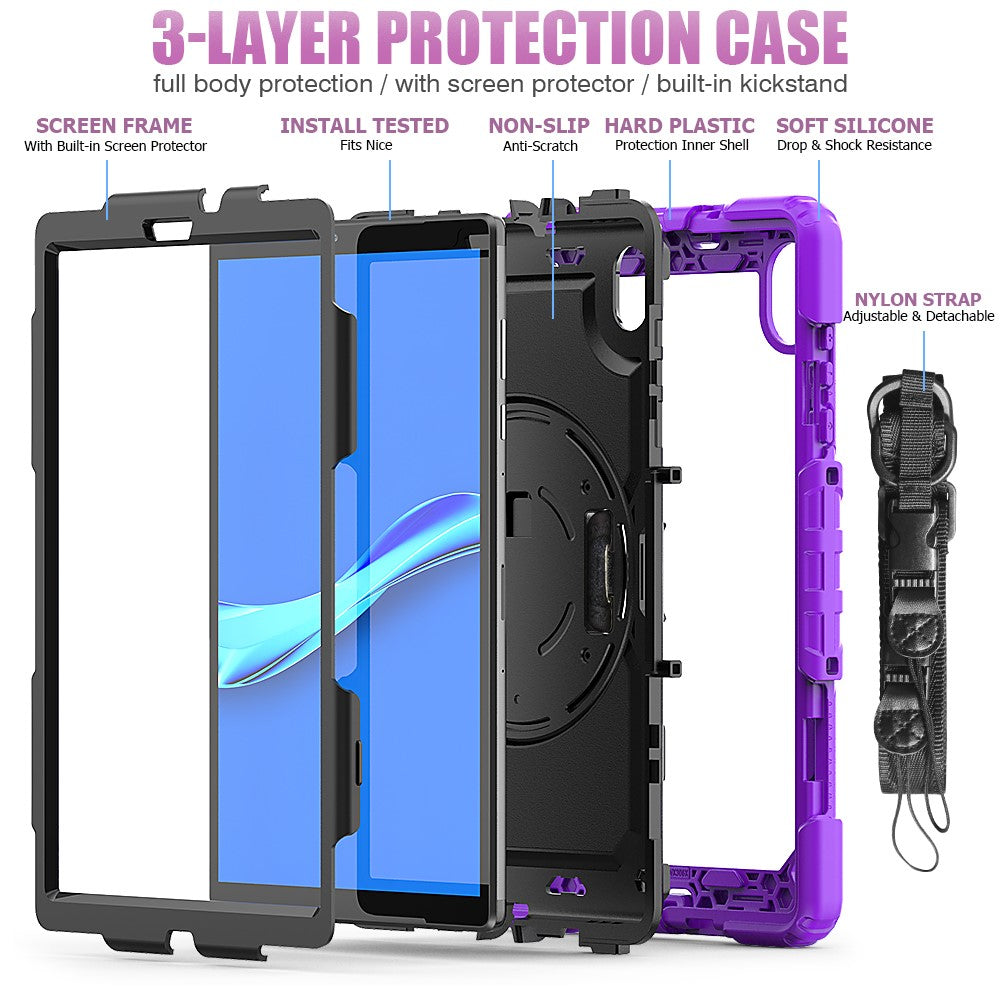 PC + Silicone + PET Front Film Tablet Combo Shell with Kickstand and Shoulder Strap for Lenovo Tab M10 HD Gen 2 TB-306X(F) - Black/Purple