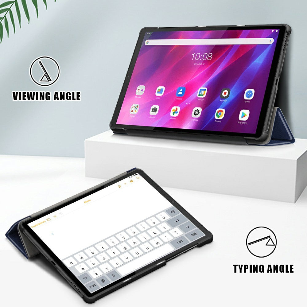 Tri-fold Soft Leather Flip Stand Smart Protective Cover with Sleep / Wake Feature for Lenovo Tab K10/Tab M10 Plus - Dark Blue