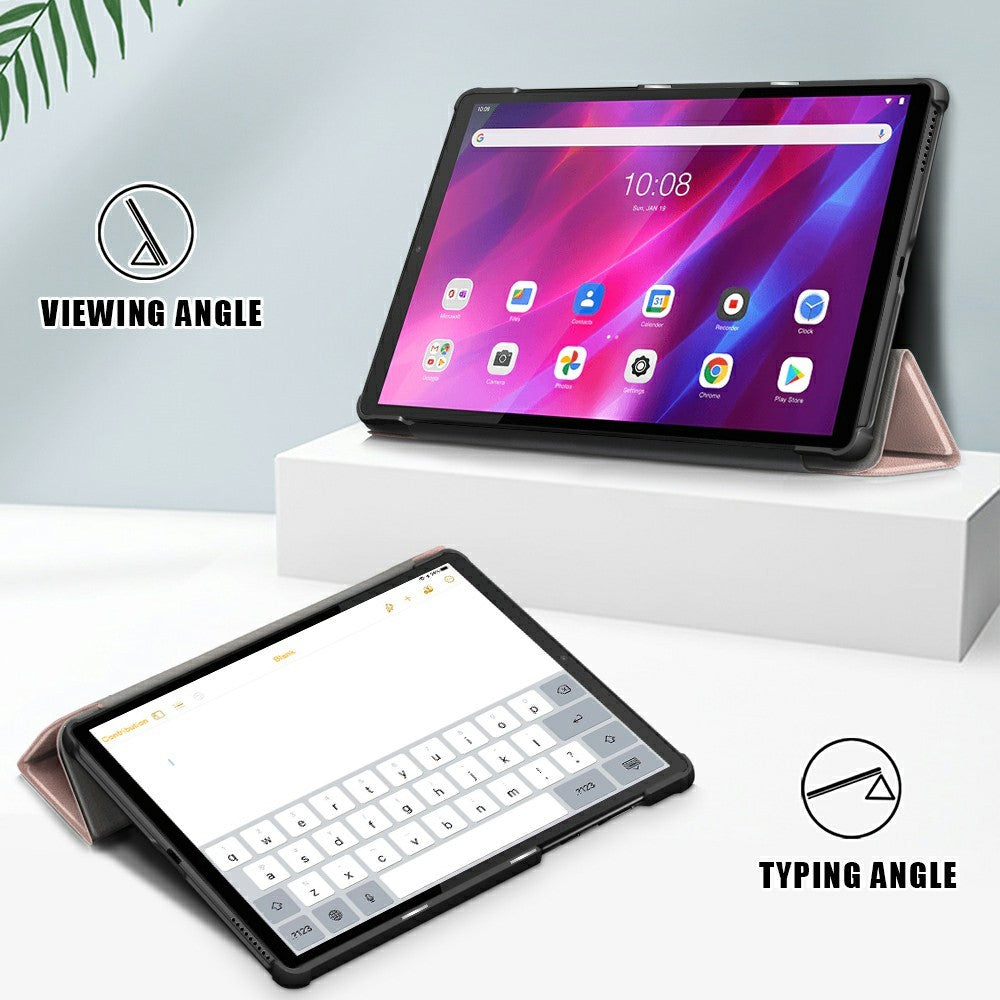 Tri-fold Soft Leather Flip Stand Smart Protective Cover with Sleep / Wake Feature for Lenovo Tab K10/Tab M10 Plus - Rose Gold