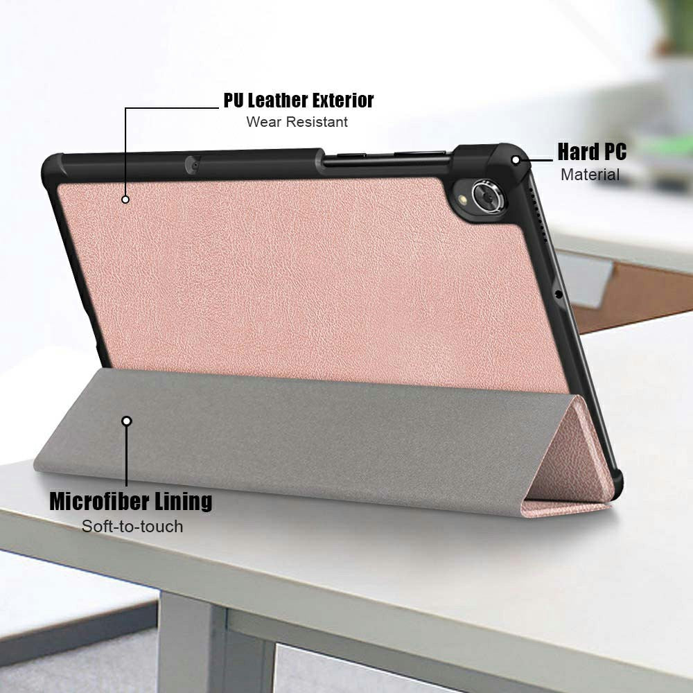 Tri-fold Soft Leather Flip Stand Smart Protective Cover with Sleep / Wake Feature for Lenovo Tab K10/Tab M10 Plus - Rose Gold