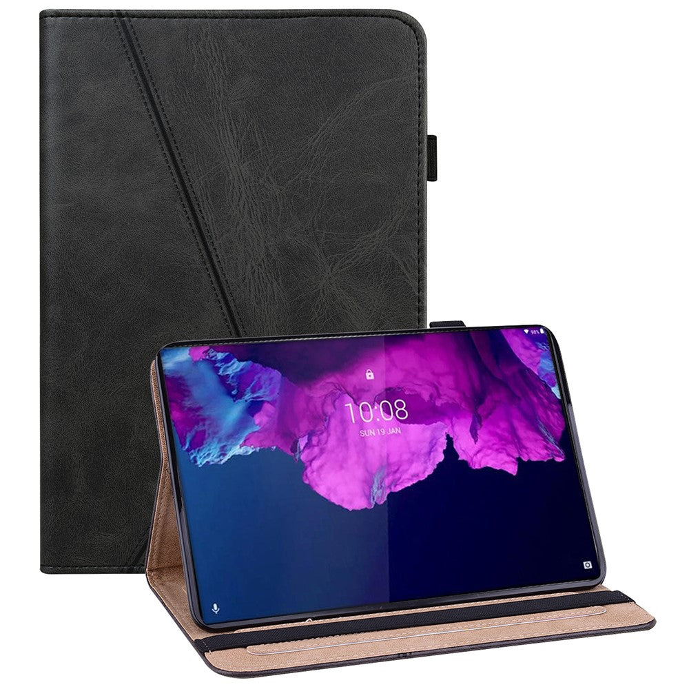 Drop-Resistant Plain Leather Tablet Stand Cover with Card Holder and Pen Strap for Lenovo Tab P11 TB-J606F / Tab P11 5G - Black