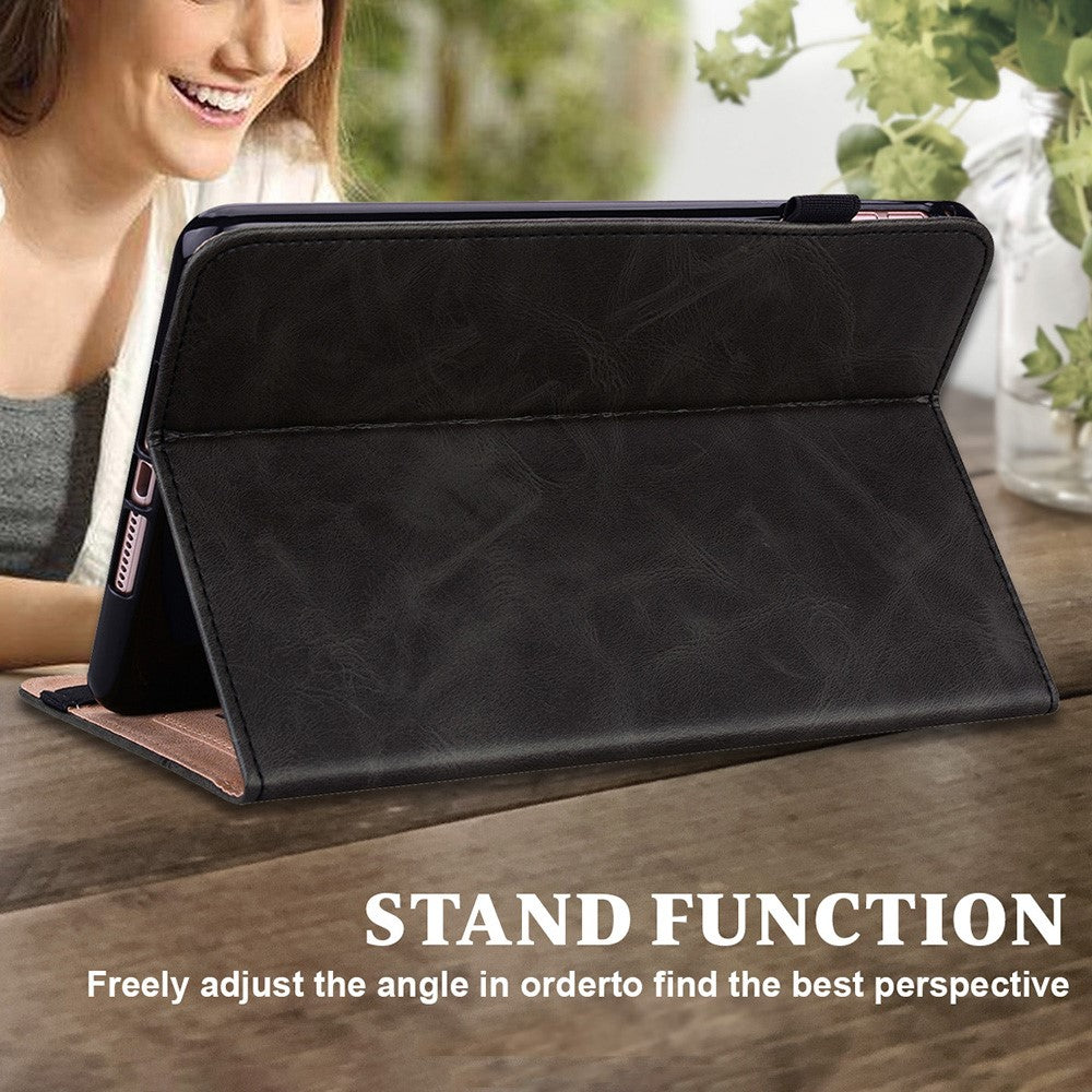 Drop-Resistant Plain Leather Tablet Stand Cover with Card Holder and Pen Strap for Lenovo Tab P11 TB-J606F / Tab P11 5G - Black