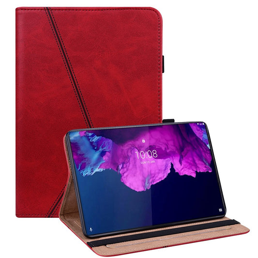 Drop-Resistant Plain Leather Tablet Stand Cover with Card Holder and Pen Strap for Lenovo Tab P11 TB-J606F / Tab P11 5G - Red