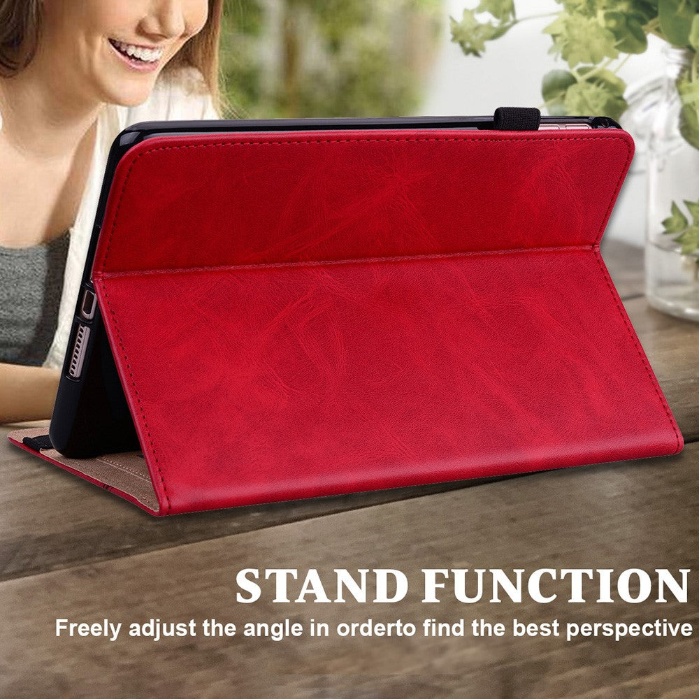 Drop-Resistant Plain Leather Tablet Stand Cover with Card Holder and Pen Strap for Lenovo Tab P11 TB-J606F / Tab P11 5G - Red