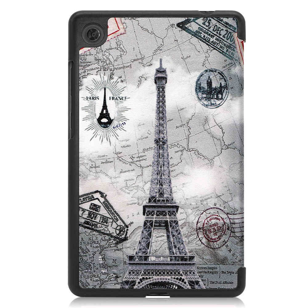 Stylish Light Slim Pattern Printing PU Leather Tri-fold Stand Tablet Cover Shell for  Lenovo Tab M7 (2nd Gen) / (3rd Gen) - Eiffel Tower and Map