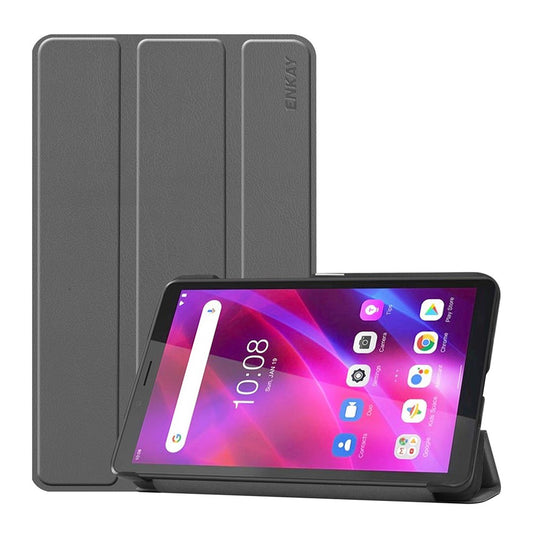 ENKAY HAT PRINCE Full Coverage Shock-Proof Tri-fold PU Leather + Hard PC Inner Tablet Stand Case for  Lenovo Tab M7 (2nd Gen) / (3rd Gen) - Grey