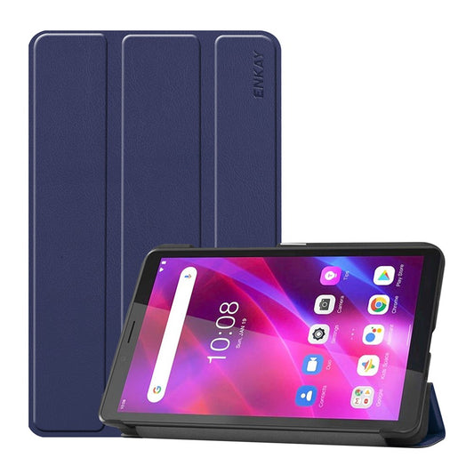 ENKAY HAT PRINCE Full Coverage Shock-Proof Tri-fold PU Leather + Hard PC Inner Tablet Stand Case for  Lenovo Tab M7 (2nd Gen) / (3rd Gen) - Dark Blue