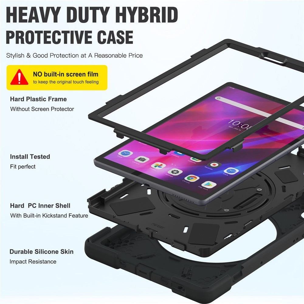 For Lenovo Tab K10/M10 Plus 360-degree Swiveling Kickstand Anti-scratch PC + Silicone Hybrid Case Cover Shell with Hand Band - Black