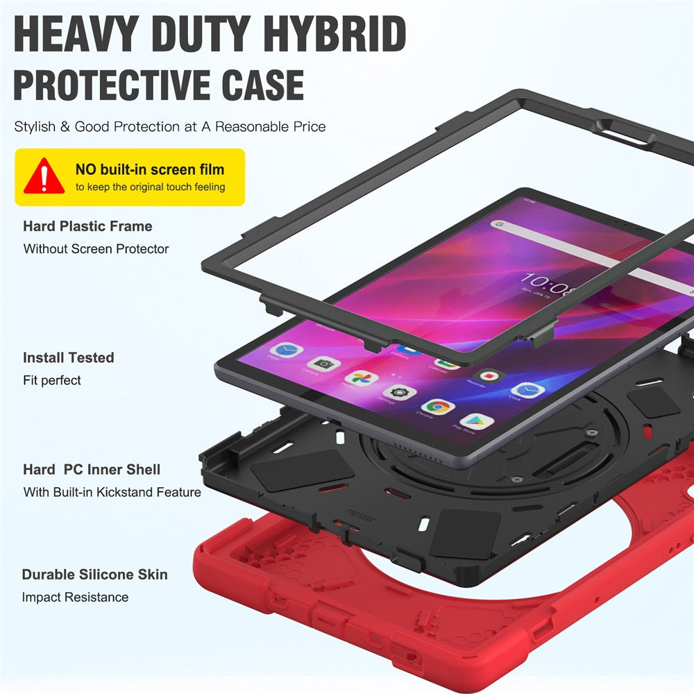 For Lenovo Tab K10/M10 Plus 360-degree Swiveling Kickstand Anti-scratch PC + Silicone Hybrid Case Cover Shell with Hand Band - Red
