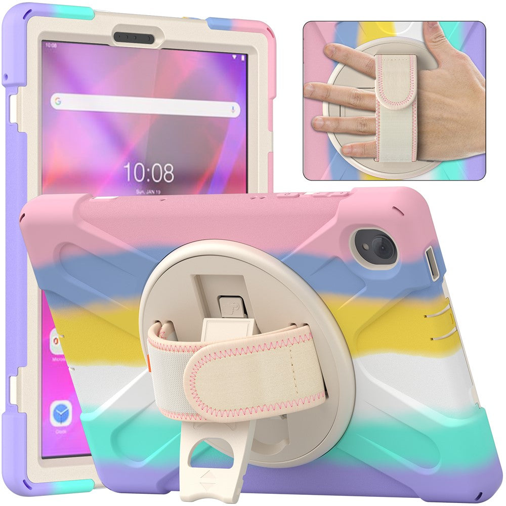 For Lenovo Tab K10/M10 Plus 360-degree Swiveling Kickstand Anti-scratch PC + Silicone Hybrid Case Cover Shell with Hand Band - Colorful/Pink