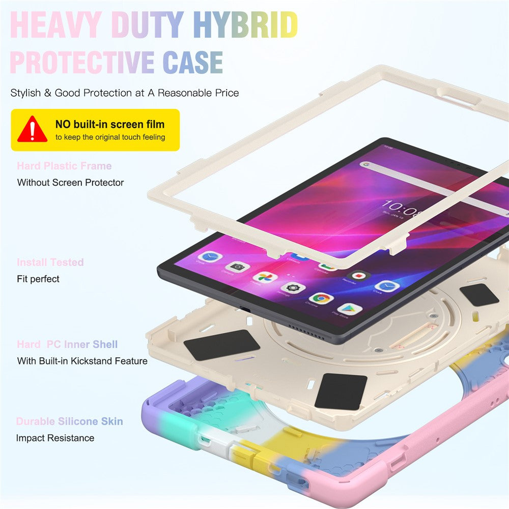For Lenovo Tab K10/M10 Plus 360-degree Swiveling Kickstand Anti-scratch PC + Silicone Hybrid Case Cover Shell with Hand Band - Colorful/Pink