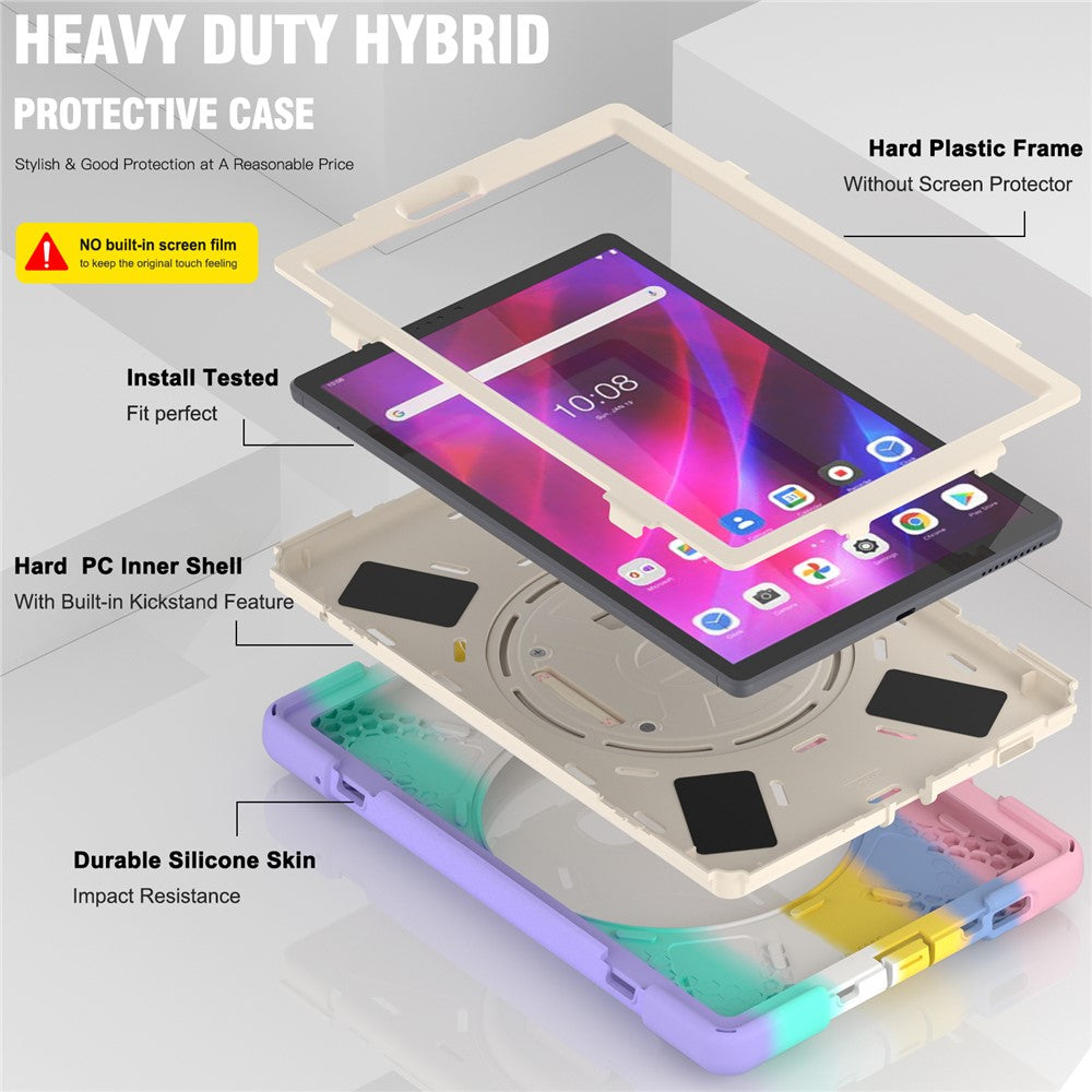 For Lenovo Tab K10/M10 Plus 360-degree Swiveling Kickstand Anti-scratch PC + Silicone Hybrid Case Cover Shell with Hand Band - Colorful/Pink