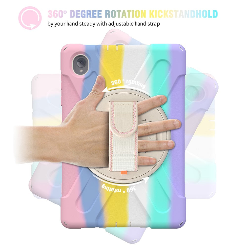 For Lenovo Tab K10/M10 Plus 360-degree Swiveling Kickstand Anti-scratch PC + Silicone Hybrid Case Cover Shell with Hand Band - Colorful/Pink