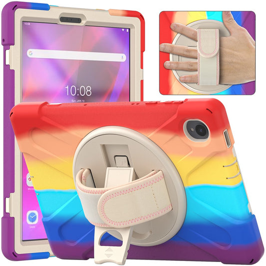 For Lenovo Tab K10/M10 Plus 360-degree Swiveling Kickstand Anti-scratch PC + Silicone Hybrid Case Cover Shell with Hand Band - Colorful/Red