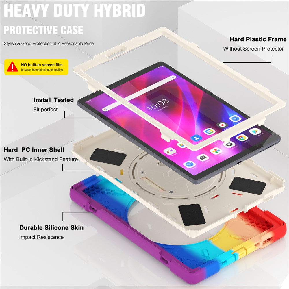 For Lenovo Tab K10/M10 Plus 360-degree Swiveling Kickstand Anti-scratch PC + Silicone Hybrid Case Cover Shell with Hand Band - Colorful/Red