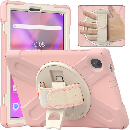 For Lenovo Tab K10/M10 Plus 360-degree Swiveling Kickstand Anti-scratch PC + Silicone Hybrid Case Cover Shell with Hand Band - Pink