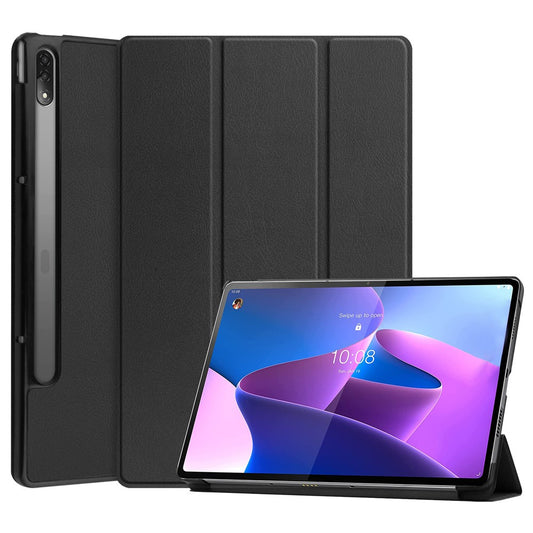 Trifold Stand Tablet Cover for Lenovo Tab P12 Pro, PU Leather + PC Protective Auto Wake/Sleep Smart Case - Black
