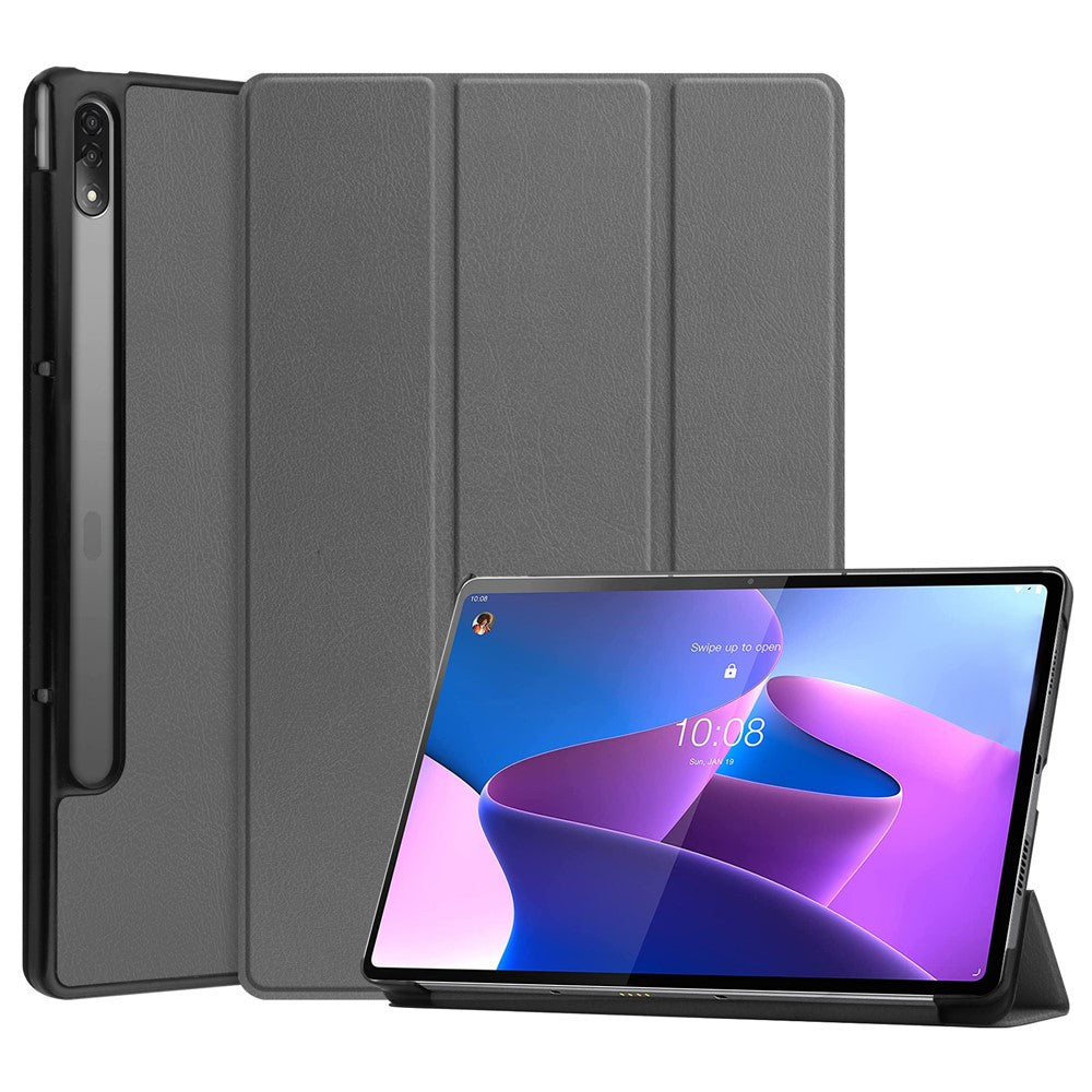 Trifold Stand Tablet Cover for Lenovo Tab P12 Pro, PU Leather + PC Protective Auto Wake/Sleep Smart Case - Grey