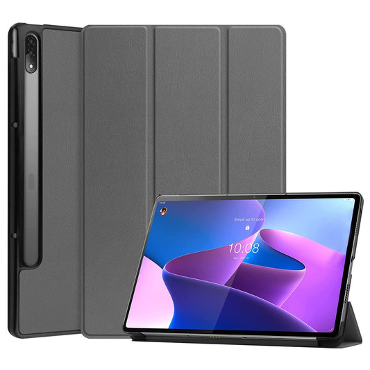 Trifold Stand Tablet Cover for Lenovo Tab P12 Pro, PU Leather + PC Protective Auto Wake/Sleep Smart Case - Grey
