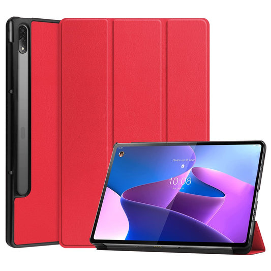 Trifold Stand Tablet Cover for Lenovo Tab P12 Pro, PU Leather + PC Protective Auto Wake/Sleep Smart Case - Red
