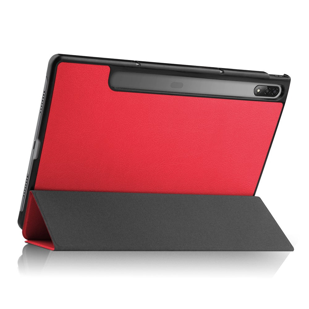 Trifold Stand Tablet Cover for Lenovo Tab P12 Pro, PU Leather + PC Protective Auto Wake/Sleep Smart Case - Red