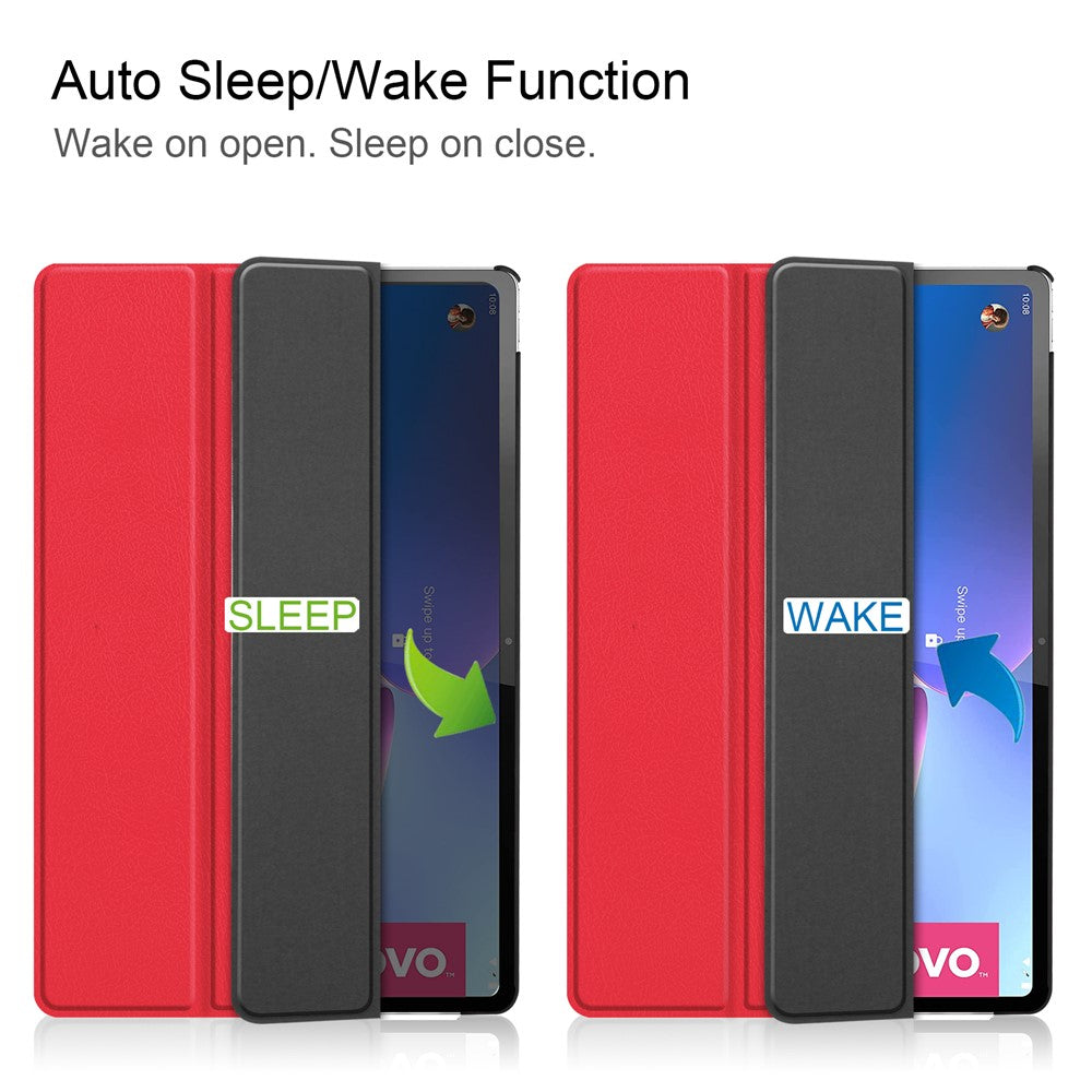 Trifold Stand Tablet Cover for Lenovo Tab P12 Pro, PU Leather + PC Protective Auto Wake/Sleep Smart Case - Red