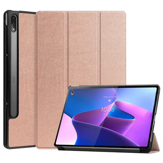 Trifold Stand Tablet Cover for Lenovo Tab P12 Pro, PU Leather + PC Protective Auto Wake/Sleep Smart Case - Rose Gold
