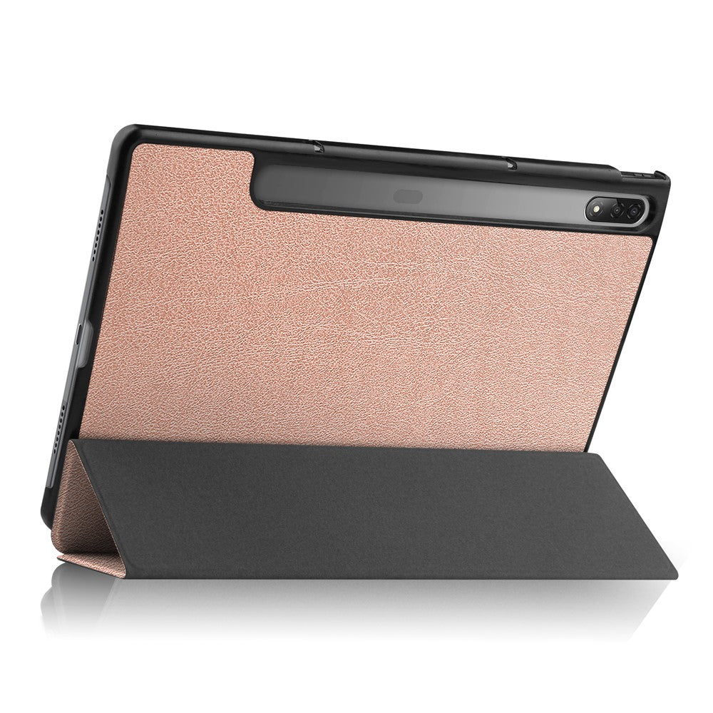 Trifold Stand Tablet Cover for Lenovo Tab P12 Pro, PU Leather + PC Protective Auto Wake/Sleep Smart Case - Rose Gold