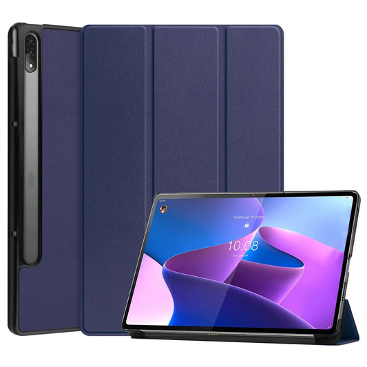 Trifold Stand Tablet Cover for Lenovo Tab P12 Pro, PU Leather + PC Protective Auto Wake/Sleep Smart Case - Blue